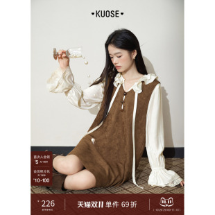 阔色V领仿麂皮背心裙短裙子26秋冬季新款叠穿棕色复古连衣裙女装