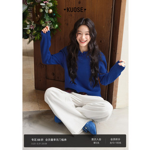 25秋冬季 短款 新女翻领上衣春 内搭毛衣打底衫 阔色蓝色polo领针织衫