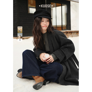 阔色黑灰色羊毛双面毛呢外套女25秋冬季新款气质收腰呢子大衣上衣