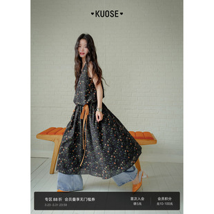 长裙子 女气质无袖 阔色碎花背心裙花苞收腰连衣裙26春夏季 穿搭新款