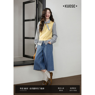 阔腿七分牛仔裤子蓝色女
