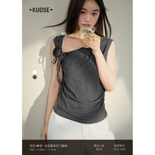 阔色深灰色斜肩修身露肩上衣女2026夏季新款可拆卸花朵吊带背心
