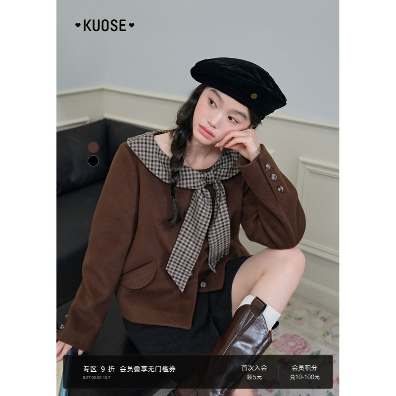 小香风黑色西装毛呢外套短款