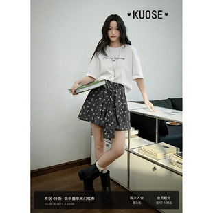 格子宽松休闲裤 设计感短裤 女装 新款 2025春夏季 阔色黑色蝴蝶结裙裤