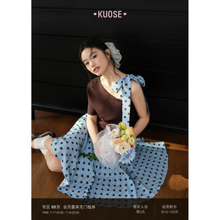 阔色灰蓝色波点半身裙a字裙26夏季新款女法式高腰五分裙半裙子春