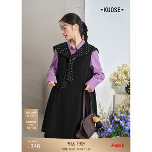 女短裙子 新款 阔色黑色波点披肩飘带背心裙连衣裙两件套装 25秋冬季