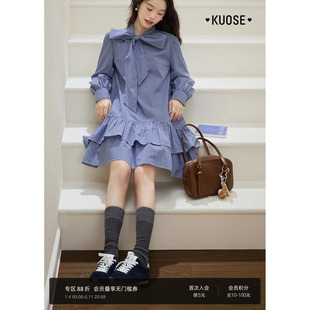 阔色藏蓝色蝴蝶结衬衫裙格子裙2025早秋季新款女长袖连衣裙中短裙