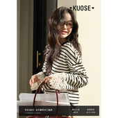 新款 阔色条纹长袖 t恤女2026春季 白色内搭打底设计感蕾丝花边秋冬