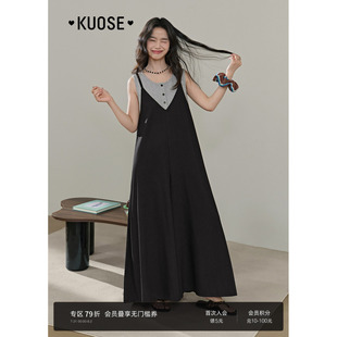 新款 假兩件無袖 休閑褲 吊帶連衣裙褲 女2025夏季 闊色黑色寬松連體褲