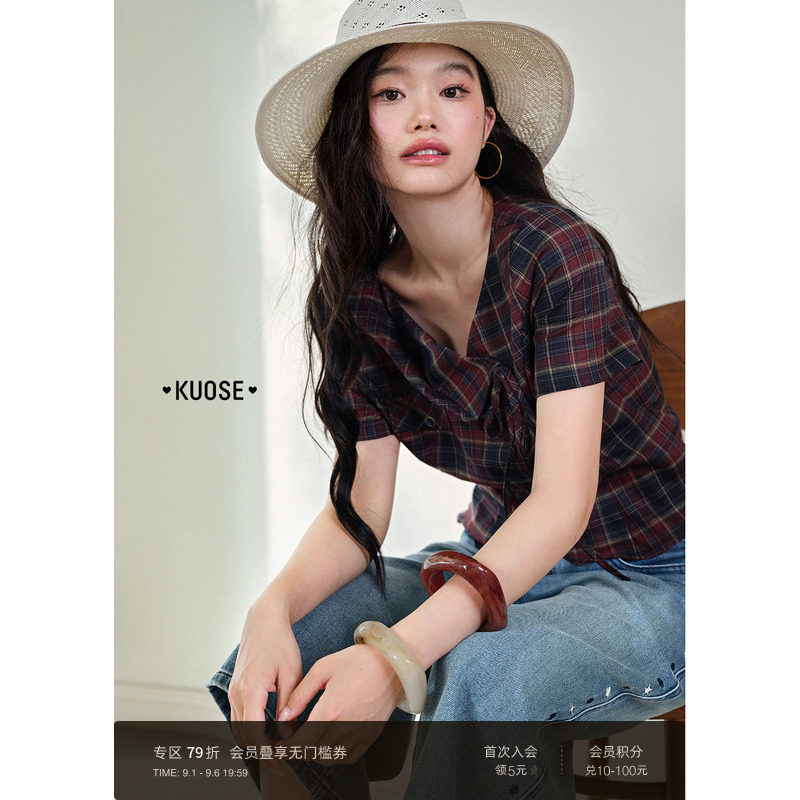V领绑带短款衬衣不规则格子衬衫图片