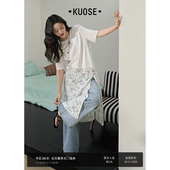 不规则长款 阔色白色镂空刺绣拼接蕾丝开叉上衣女2025夏季 新款 T恤