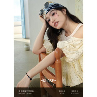阔色波点露肩法式衬衣女2026夏季新款圆领浅黄色短款花苞衬衫上衣