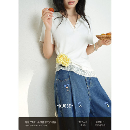 法式v领蕾丝拼接白色上衣