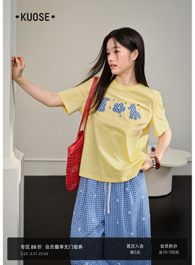 阔色黄色格子小马短袖t恤圆领宽松半袖26春夏季穿搭新款女装上衣