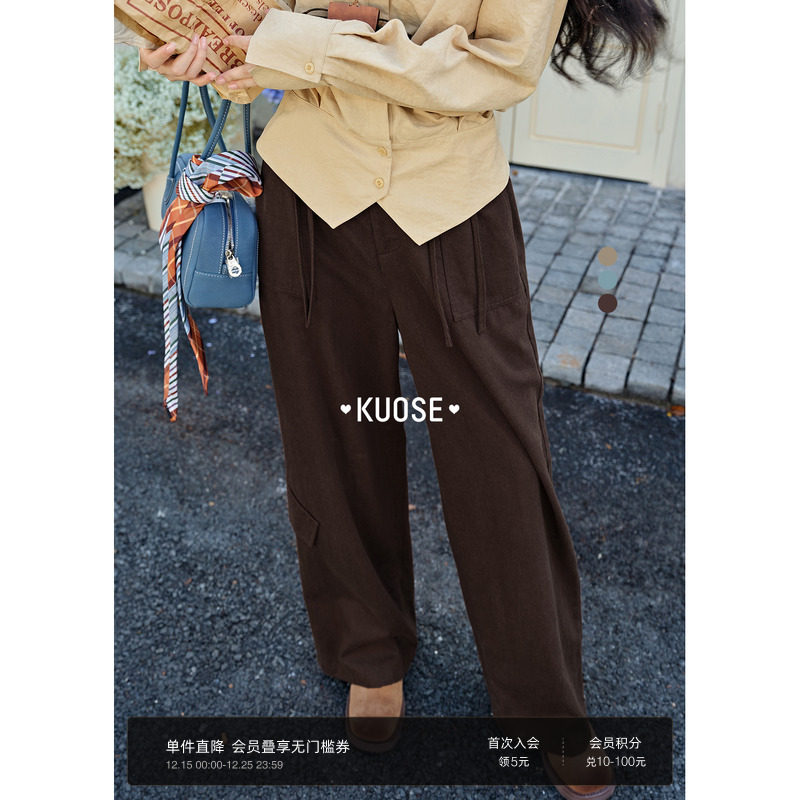 卡其色蝴蝶结绑带工装裤长裤女