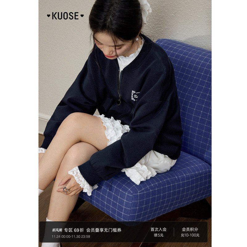 蕾丝拼接棒球服休闲短外套