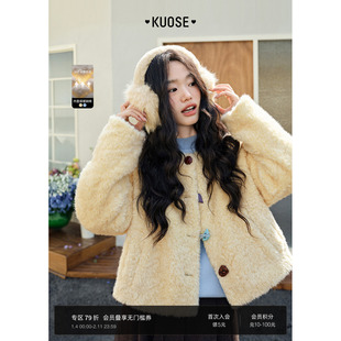 阔色浅黄色带围巾毛毛外套夹棉短款25秋冬季新款女装蓝色长袖上衣