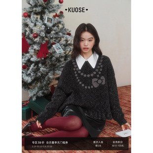 阔色蝴蝶结项链上衣短款女2025秋冬季新款黑色花纱亮闪荷叶边毛衣