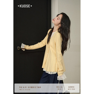 新款 阔色黄色针织衫 女叠穿上衣秋 26春季 两件套装 毛衣开衫 蕾丝衫