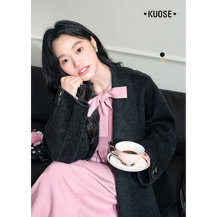 阔色黑灰色羊毛双面毛呢外套女25秋冬季新款气质收腰短款呢子大衣