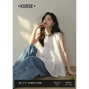穿搭新款 闊色法式 氣質(zhì)女2025夏季 無(wú)袖 白色木耳邊背心襯衫 娃娃上衣