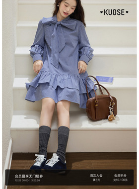 阔色藏蓝色蝴蝶结衬衫裙格子裙2025早秋季新款女长袖连衣裙中短裙