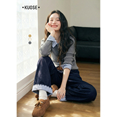 毛衣假两件灰色上衣女26春季 新款 修身 阔色条纹衬衫 内搭针织衫 秋冬