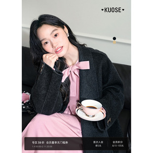 阔色黑灰色羊毛双面毛呢外套女25秋冬季新款气质收腰短款呢子大衣