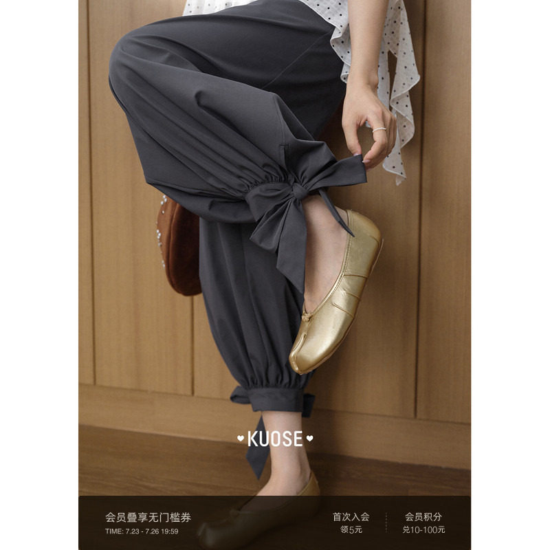 阔色蝴蝶结休闲灯笼裤女2026秋季新款绑带深灰色通勤阔腿九分裤子