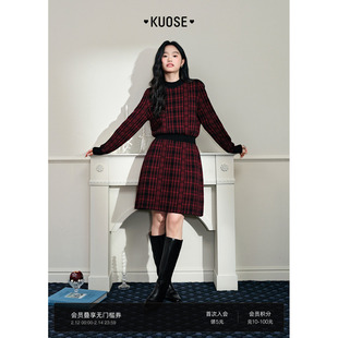 女红色新年短裙子 新年穿搭新款 阔色格子法式 连衣裙毛衣裙25秋冬季