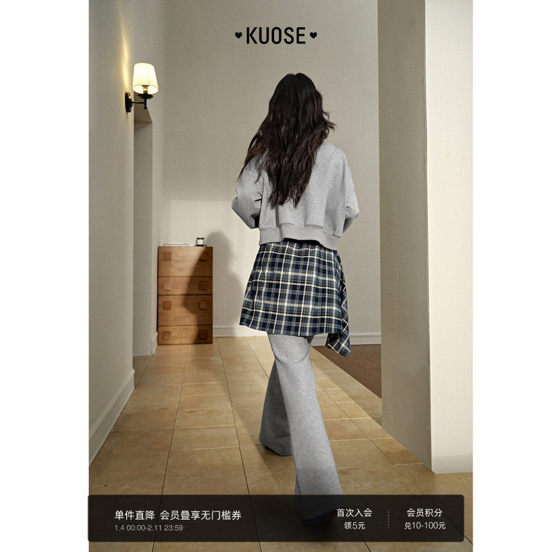 阔色灰色斜肩卫衣格子拼接休闲裤子两件套装25秋季新款女上衣长裤,女装/女士精品,时尚套装,淘宝优惠券,粉丝福利购,淘宝优惠卷