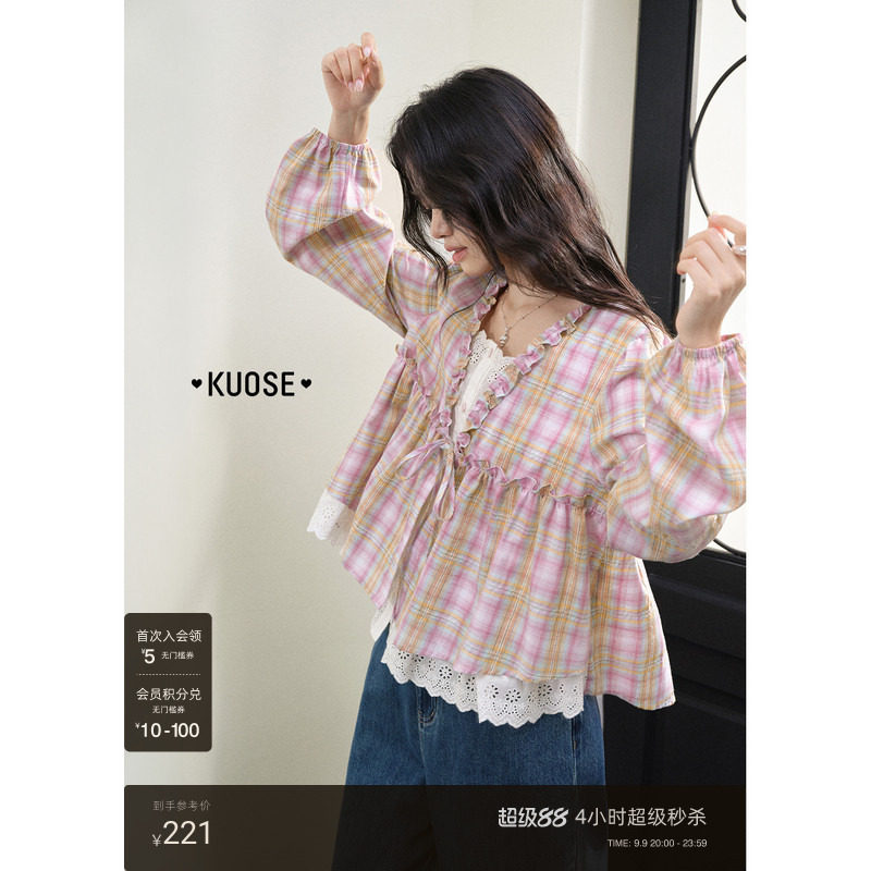 假两件格子长袖衬衫上衣女图片