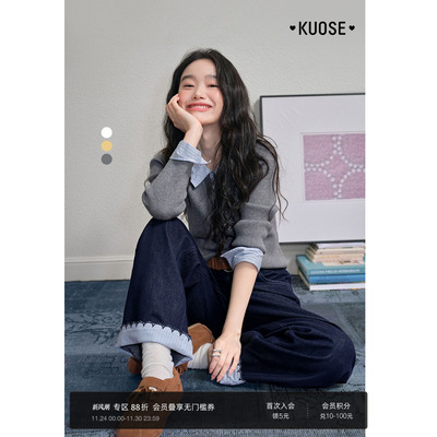 阔色条纹假两件polo领上衣灰色女2025秋冬新款黄色修身显瘦针织衫