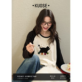 阔色小猫刺绣插肩长袖 上衣冬 内搭打底衫 纯棉t恤女2026春秋季 新款