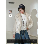 新长袖 阔色杏色连帽羽绒服立领工装 外套宽松25秋冬季 仿羔毛上衣女