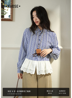 阔色格子碎花蓝色衬衫外套新款假两件衬衣2026春季女荷叶边上衣秋