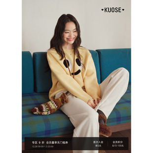 阔色黄色可爱笑脸刺绣圆领毛衣女2025秋冬季 软糯宽松套头上衣 新款