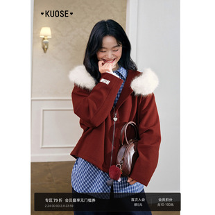 阔色可拆卸连帽毛领呢子大衣女2025秋冬新款红色新年毛呢外套短款