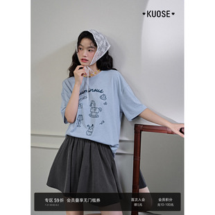 上衣 阔色条纹趣味印花休闲T恤女2025夏季 新款 灰蓝色宽松长款 半袖