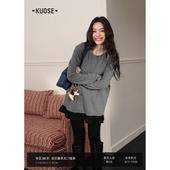 阔色灰色荷叶边拼接加绒t恤女2025秋冬季 上衣 打底衫 新款 宽松长袖