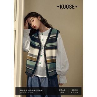 阔色条纹针织马甲衬衫两件套装26春季新款女装穿搭长袖衬衣上衣秋