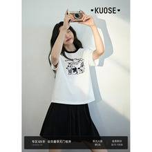 阔色白色宽松圆领正肩短袖T恤女装2025夏季新款字母立体刺绣上衣