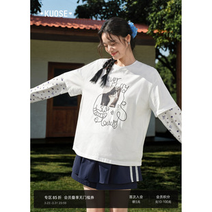 女圆领休闲上衣 穿搭新款 阔色白色猫咪印花t恤宽松半袖 2026春夏季