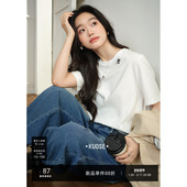 阔色白色玫瑰刺绣短袖 女宽松上衣纯棉秋 新款 t恤内搭打底衫 26春季