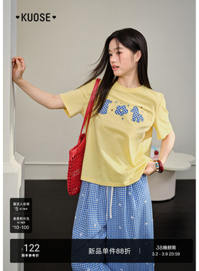 阔色黄色格子小马短袖t恤圆领宽松半袖26春夏季穿搭新款女装上衣