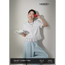 阔色蕾丝网纱花边拼接白色上衣女2025夏季新款正肩短袖宽松T恤