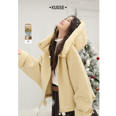 阔色浅黄色连帽呢子双面羊毛大衣女25秋冬季新款毛呢外套短款上衣