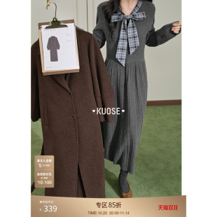 阔色格子蝴蝶结miu系穿搭连衣裙长裙女25秋冬季 新灰色针织毛衣裙