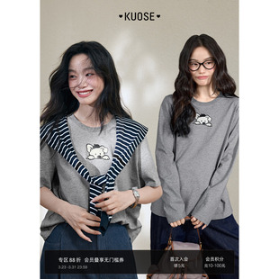 休闲慵懒圆领长袖 女装 新款 阔色灰色小狗正肩t恤宽松上衣25夏秋季