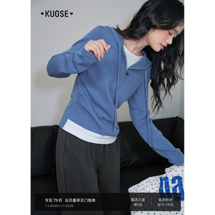阔色蓝色假两件连帽毛衣女2025秋冬季新款拼接修身打底针织衫上衣